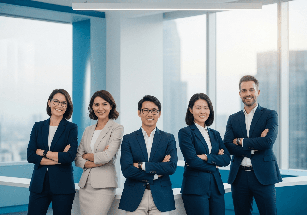 Professional executive team portrait in modern office with skyline views, business attire, soft natural lighting